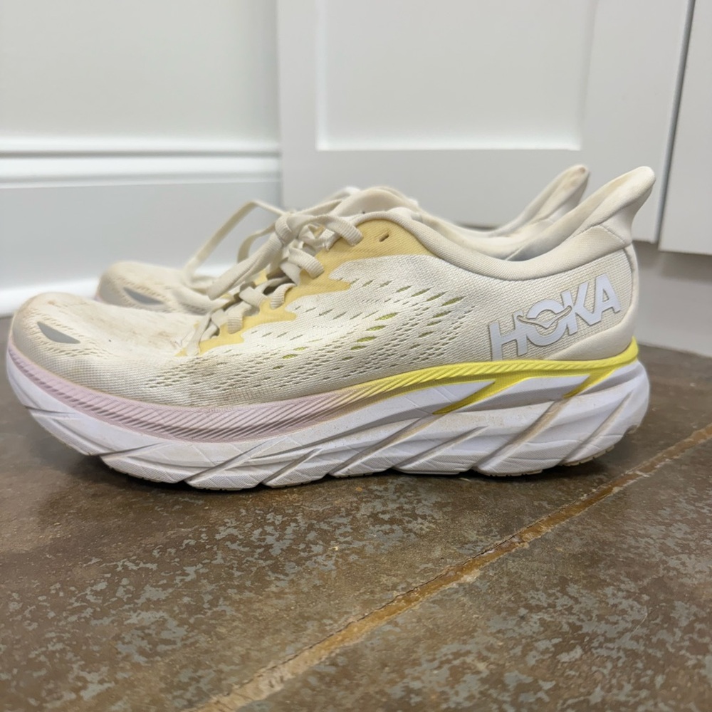 Hoka One One Clifton 8 Women's Cream and Yellow Athletic Shoes